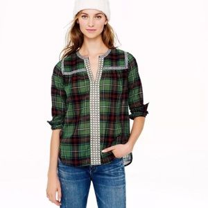 J. Crew Embroidered Peasant Top in Green Plaid